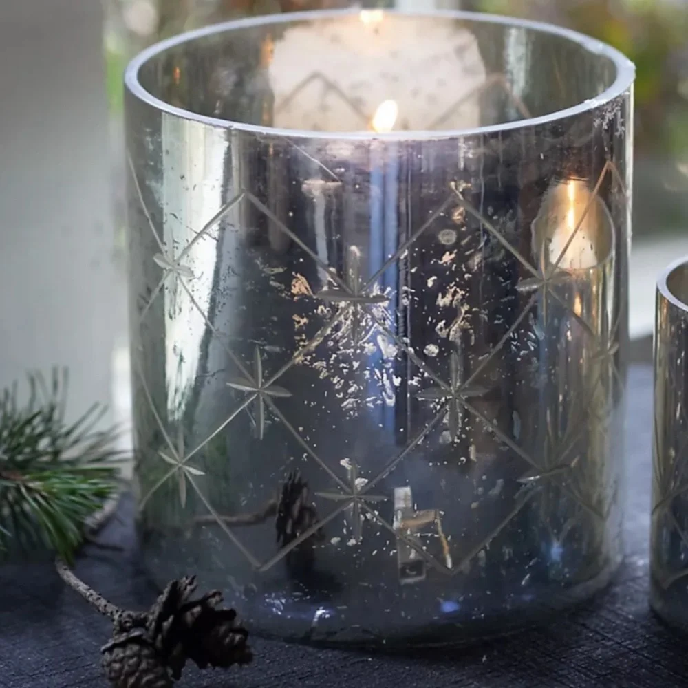 Set Mercury Glass Diamond Etched Set 2 hurricane candle holders